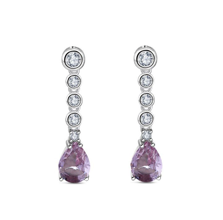 Amethyst Drop Rhodium Plated Silver Earrings with Chatons
